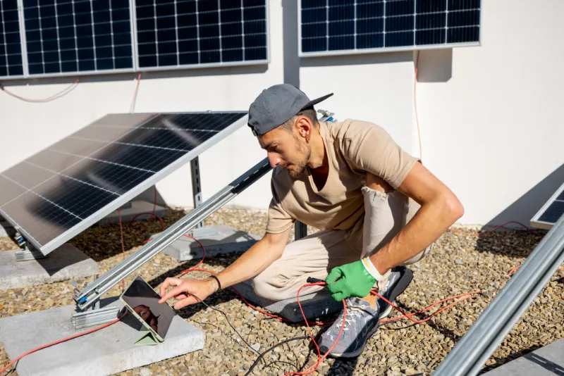 Instalator Staleo Energy sprawdza urządzenia fotowoltaiczne. Na stronie Staleo możesz sprawdzić informacje o firmie.