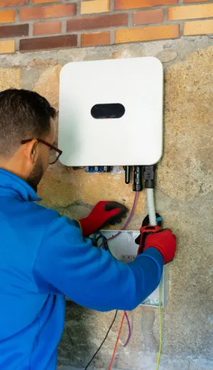 Instalator montuje magazyn energii. Staleo Energy zajmuje się rozwiązaniami oze dla domów.